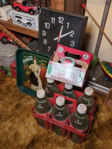 Coca Cola 1 Liter bottles, Coca Cola clock, Coca Cola tray and holiday Coca Cola 6pk bottle carrier image