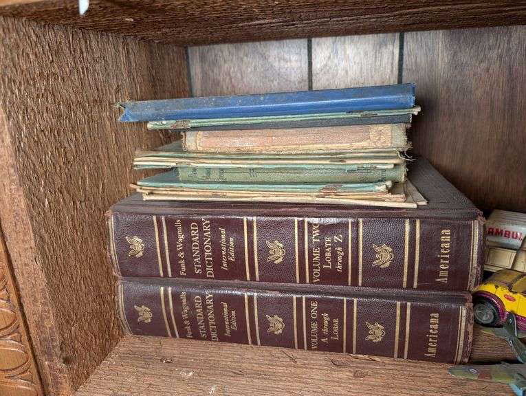 Set of Encyclopedia Americana with Dictionary, wooden clock, car photos and misc books image