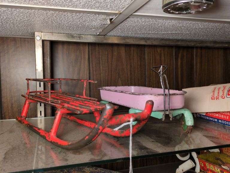 Metal doll snow sled and child's wagon image