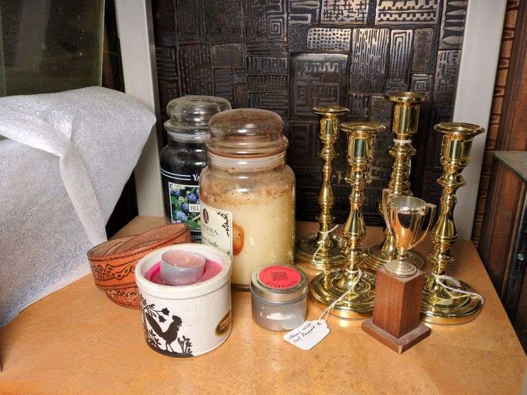 Brass candle holders, candles and misc. image