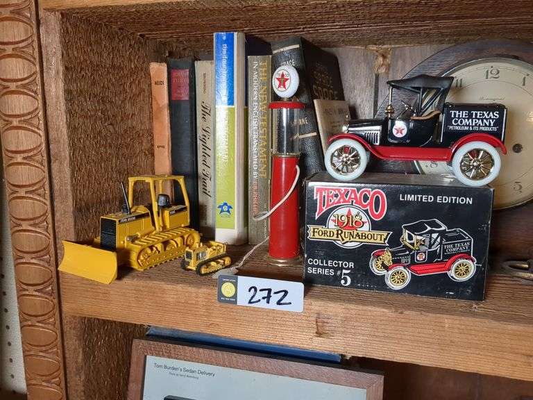 Ertl Texaco Ford Roundabout with box, Ertl Texaco Gas Pump Replica and 2 toy tractors image