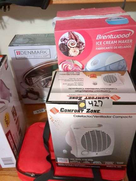 Brentwood ice cream maker, Comfort Zone space heater, Toastmaster toaster, Denmark roaster and Pyrex dish and cover image