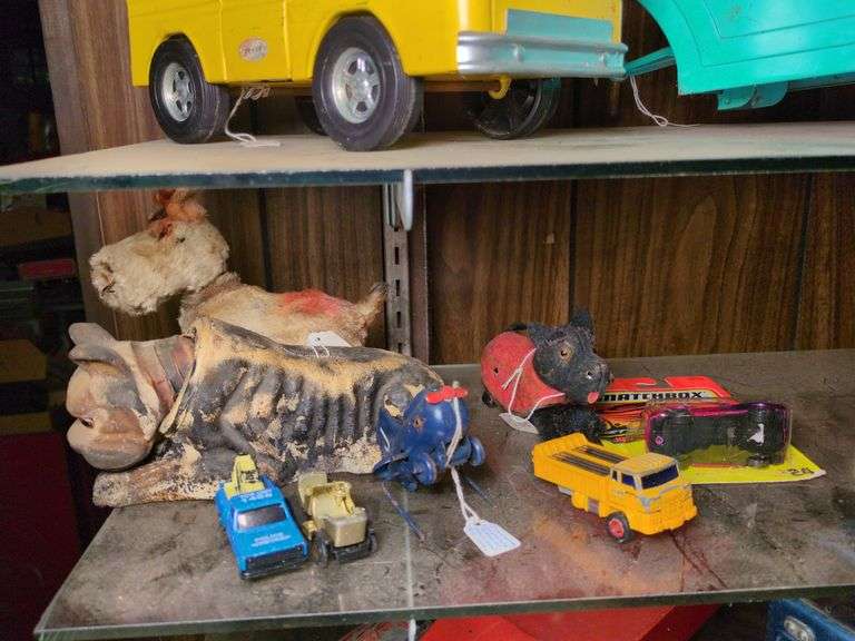 Small Pressed Steel wind-up plane, toy dogs and car image