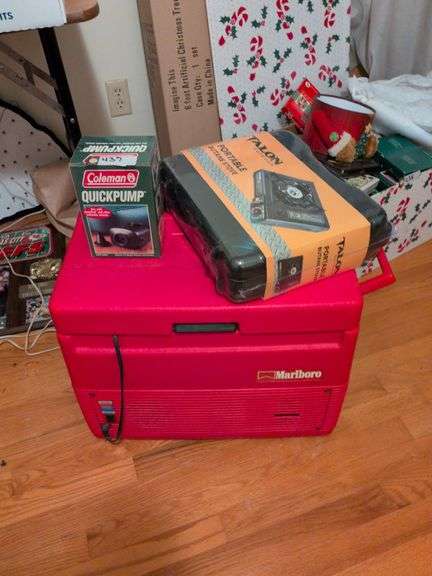 Marlboro electric cooler, Coleman quick pump and Talon outdoor portable butane stove image