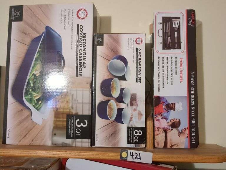 Chefs Counter rectangular covered casserole dish, Chefs Counter 6 piece ramekin set and Grand Chef 3 piece stainless steel BBQ tool set image