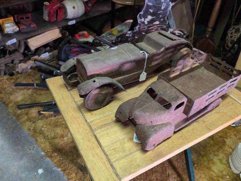 Turner Jon C Speedster, Marx Steak truck, Hubley stake truck with trailer, Marx Caterpillar tractor and misc image