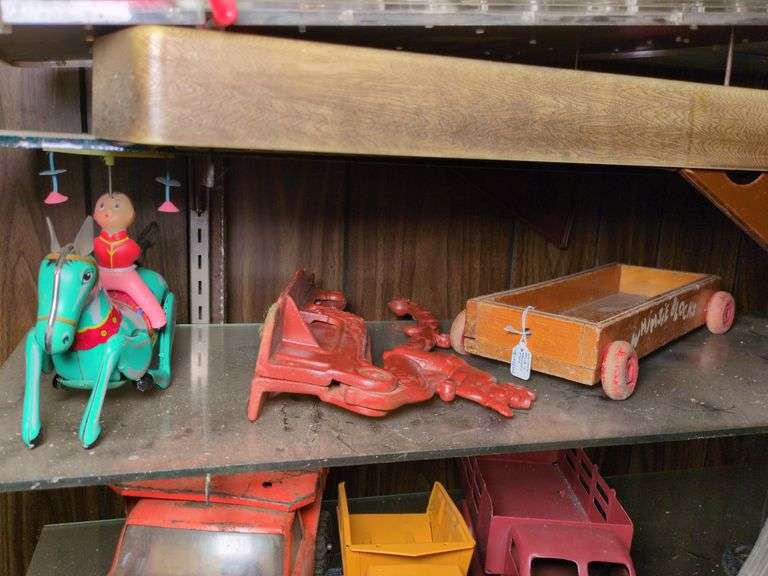 Celluloid Boy on Horse, Cast Iron Slicer and Whimsie Blocks wagon image