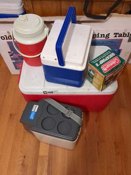 Folding camping table, Coleman quick pump, 4 coolers image