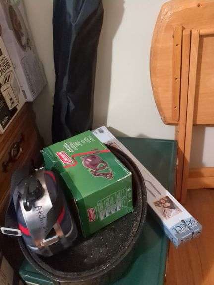 Chefs electric grill thermometer, Coleman electric quick pump, 1 camping chair, Dutch oven, Coleman cooler image