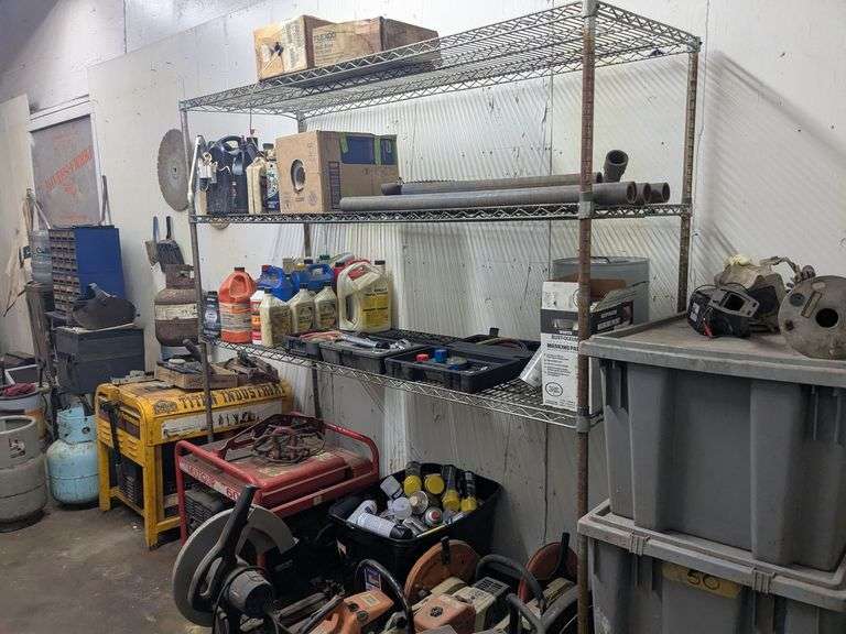 Rack and contents: paint thinner, coolant, oil