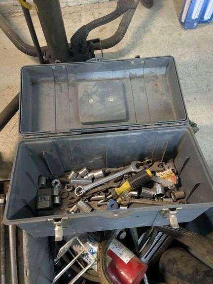 Toolbox with socket wrenches, sockets and tub of misc.