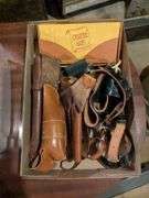 4 Leather holsters and vintage Charter Arms box