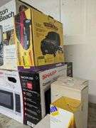 Top of filing cabinets: Hamilton Beach coffee pot, Sharp microwave and misc.