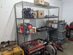 Rack and contents: paint thinner, coolant, oil