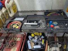 Rack and contents: paint thinner, coolant, oil