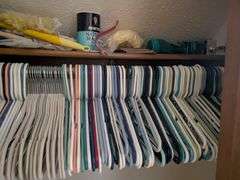 Items in closet: shoe rack, Ozark trail rapids rider III, hangers tennis balls and misc.