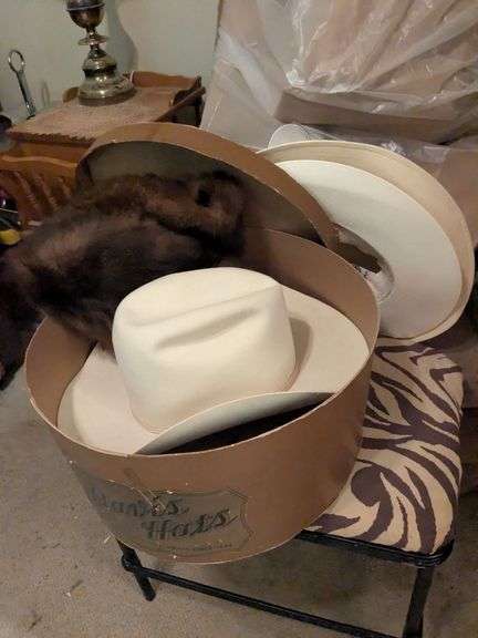 Davis hat in box, mink shawl and 2 other cowboy hats image