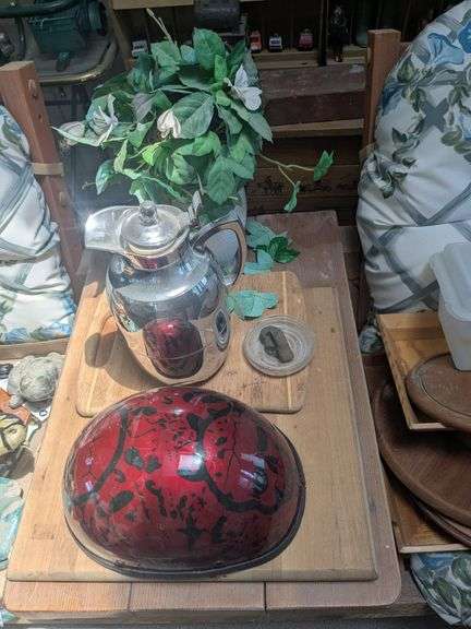 2 Wooden cutting boards, bike helmet, Alphi western Germany chrome insulated coffee pitcher, vase image