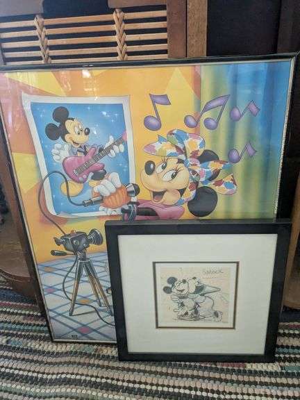 2 Mickey and Minnie mouse prints/poster, and cabinet (35" x 28" x 12") image