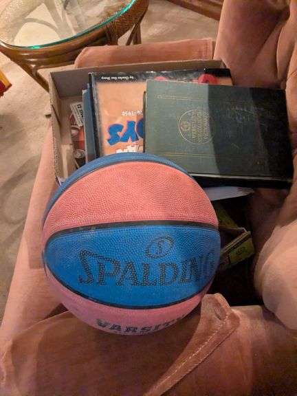 1951 Webster dictionary, state maps, basketball, glass top table (22" x 20"), and misc.