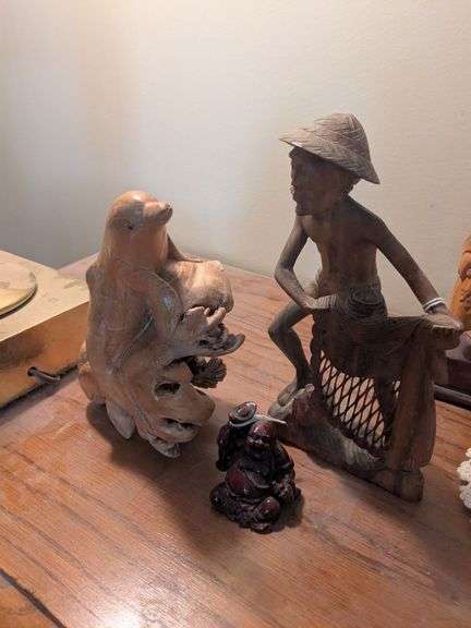 Wood dolphin driftwood carving, buddha, teakwood fisherman w/ net