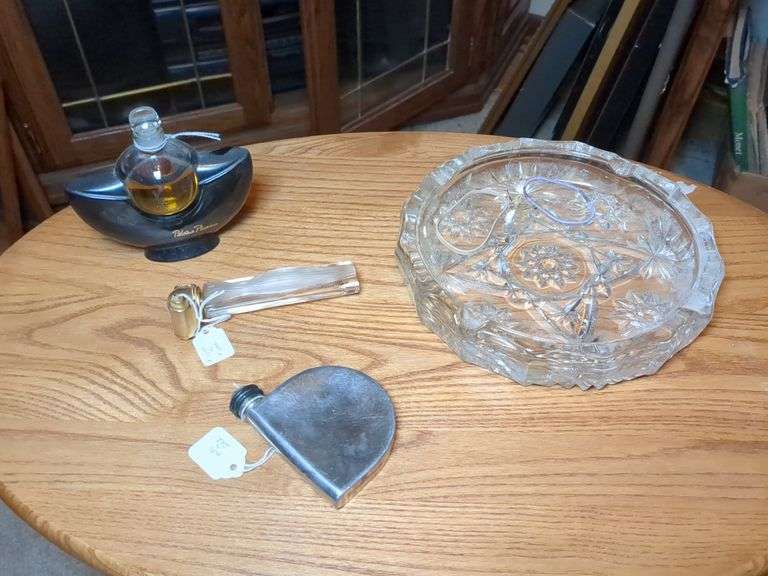 Glass Mickey mouse mug, Victrian cigar cutter and tray, Paulina Picasso perfume, Silver tray with 2 birds and misc.