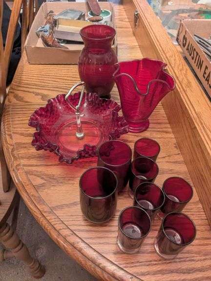 11 pieces of red glass: 2 vases, candy dish, and cups image