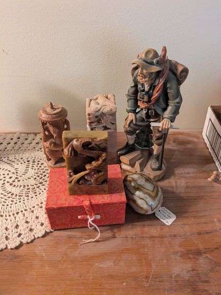 3 oriental carvings, Toni Baur German mountain climber, natural stone egg image