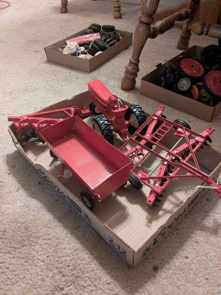 International tractor 8", International mounted 3 bottom plow, tandem w/ axel and wheels, metal red 4 wheel wagon image