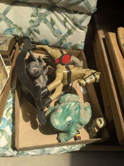 Wooden rocking horse, 2 frog garden deocrations, precious moment figurine of frog, image