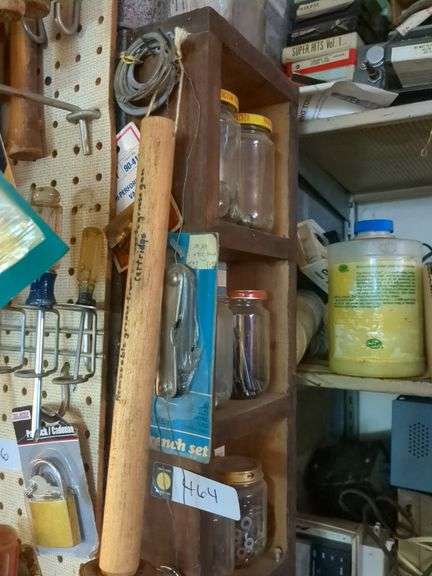 Shelf and contents: Allen wrenches, crescent wrenches, bolts, pins and washers