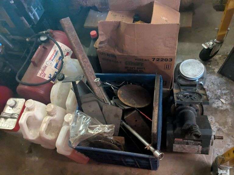 Air compressor midwest products, box of penzoil 5w30, antifreeze, misc metal scrap image