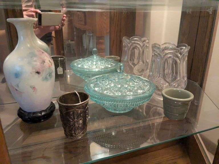Green Lungaberger pottery cup, decorative metal cup, 2 vases, candy dish w/ lid, image