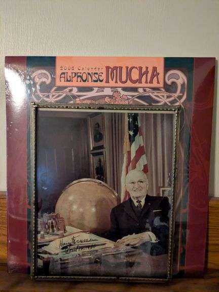 Signed Harry Truman photo (1966) and 2006 Alfonse Mucha calendar image