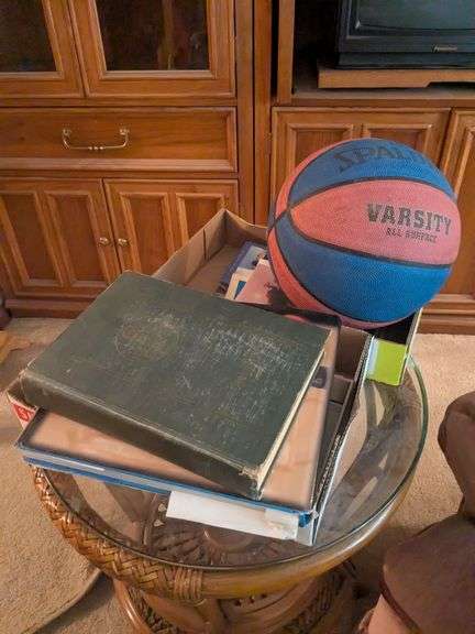 1951 Webster dictionary, state maps, basketball, glass top table (22" x 20"), and misc. image