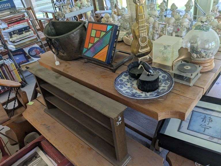 4 music boxes, toothpick holder, ashtray, china plate, and other decorative items, copper wall pot w/ handle, wall shelf image