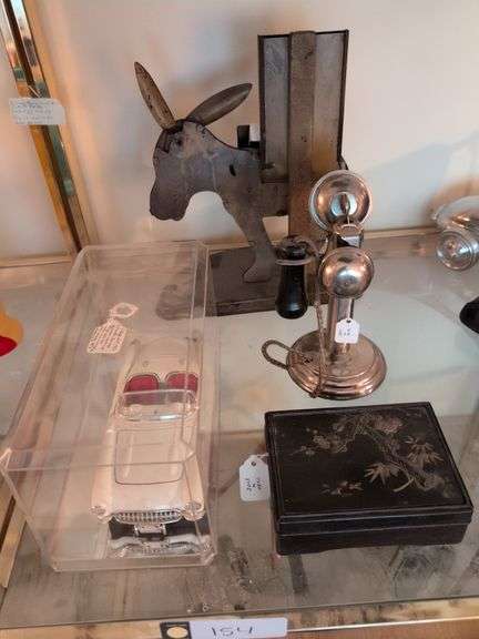 Toy candlestick phone w/ ringer, 1957 Corvette replica, oriental box w/ lid and inlay design, tin donkey figurine