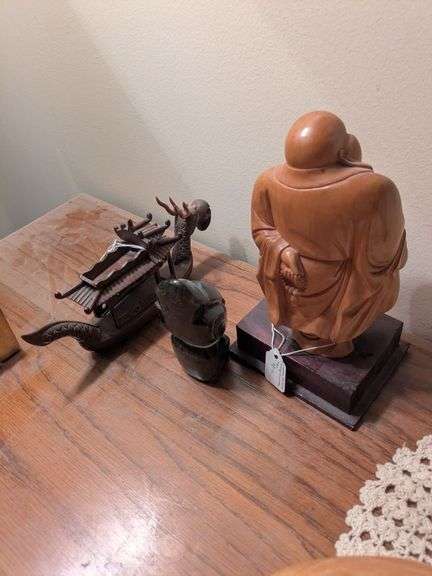 Wooden buddha carving, wooden oriental dragon boat, obsidian figurine