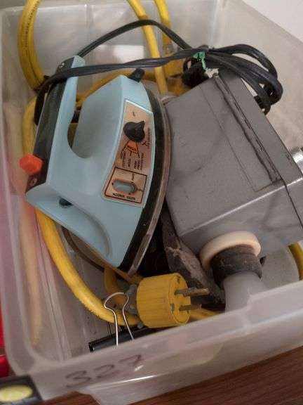 Jewelry box, Electrical cord, flashlight and vintage genral electric iron