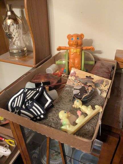 1978 Fisher price bear #642, 1960s ducks after fish toy, hand crafted Randy Baum wooden box, and misc image