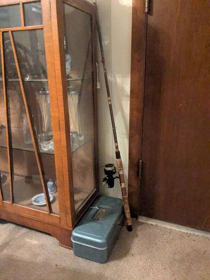 Garcia fishing rod and michall reel open face w/ vintage metal blue tackle box image