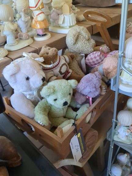 Wooden doll wagon w/ bears and display stand