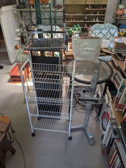 Glass top table (25" x 25" x 21") plus misc racks image