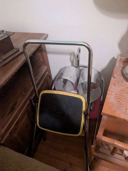 Step stool, small chair and metal holder image