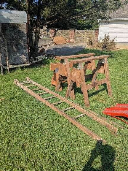 3 Wooden saw horses and 2 wooden ladders image