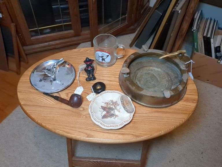 Glass Mickey mouse mug, Victrian cigar cutter and tray, Paulina Picasso perfume, Silver tray with 2 birds and misc.