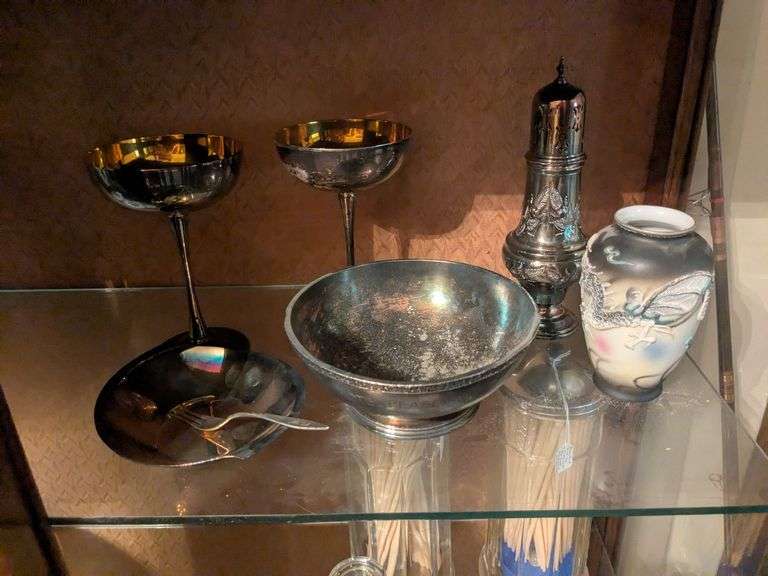 Silver plated items: bowl, 2 goblets, small dish with fork, sugar shaker image