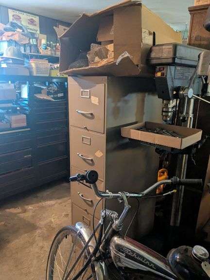 Filing cabinet 52"x15"x25", box of car parts image