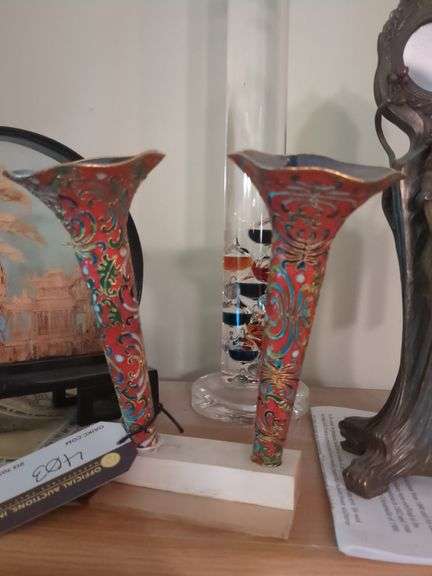 Cloisenne horns pair with colored enamel inlay and glass temperature