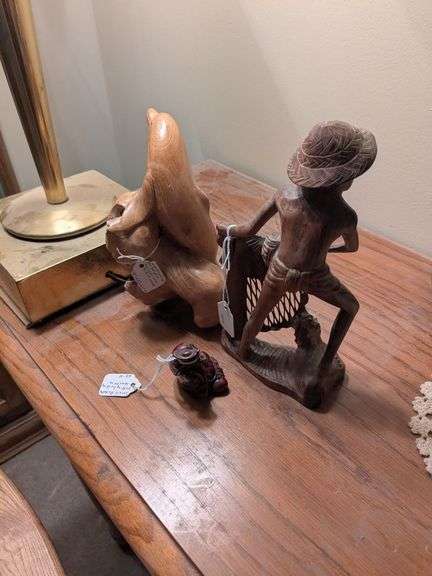 Wood dolphin driftwood carving, buddha, teakwood fisherman w/ net